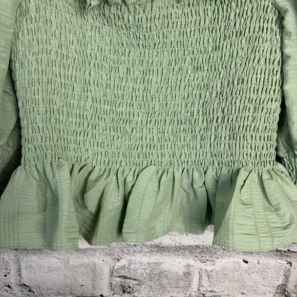 En Saison Crop Top Mint Smocked Puff Sleeve Square Neck Peasant Boho Blouse - Picture 4 of 12